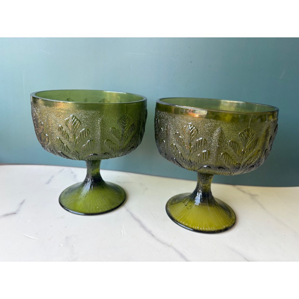 Vintage FTD 1978 Avocado Green Oak Leaf Glass Goblets Pedestal Bowls Set of 2